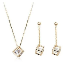 Cube inside CZ Diamond font b Crystals b font 18K Gold Plated Drop Earrings and Pendant