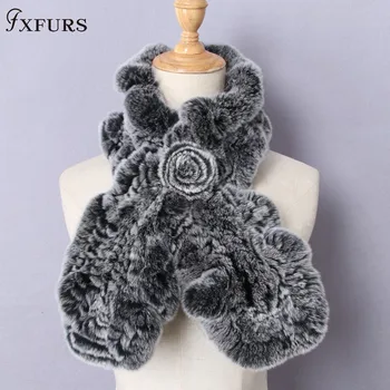 

FXFURS High Quality Fashion Womens Knitted Rex Rabbit Fur Scarves Natural Fur Neckerchief Winter Real Fur Flounce scarf Wraps