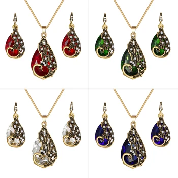 

Crystal Peacock Necklace Earrings Jewelry Set Fashion Lady Water Drop Pendant Necklace Animal Bohemian Jewelry Gift