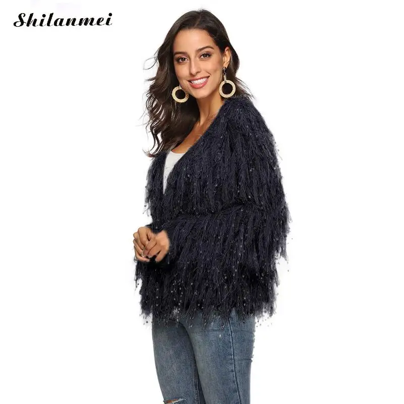 Autumn Winter Warm Knitted Shaggy Cardigans Women Long Sleeve Sweater