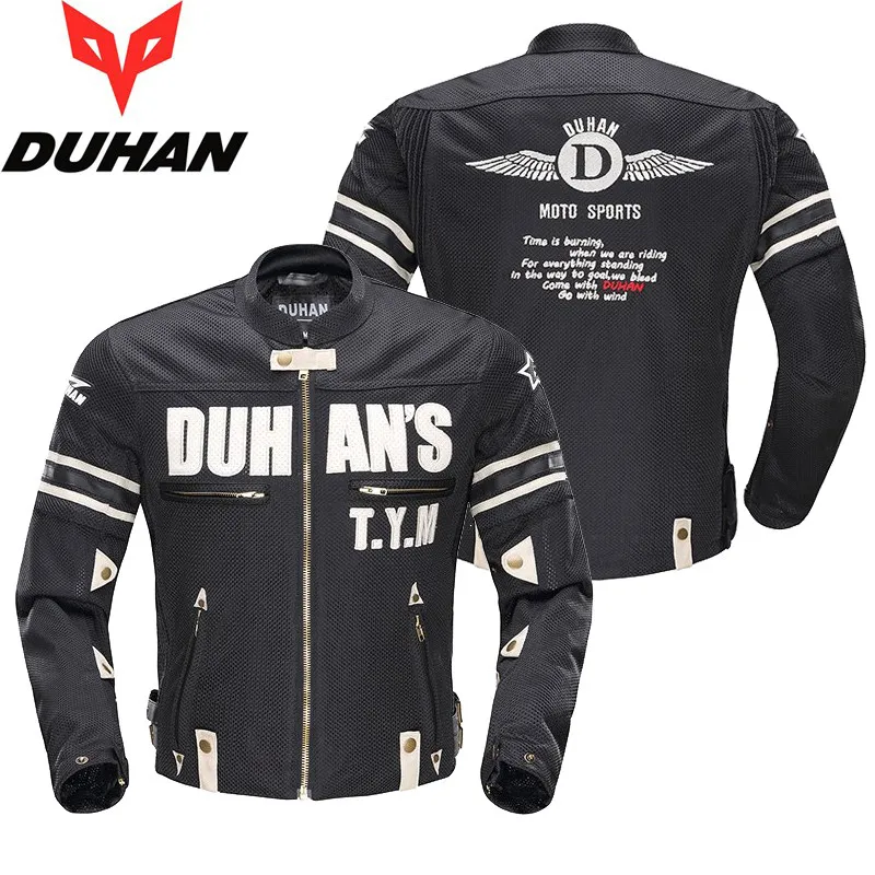 

DUHAN Motorcycle Jacket Men Breathable Mesh Racing Protective Gear Removable Protector Retro Summer Moto Jacket Riding Clothing