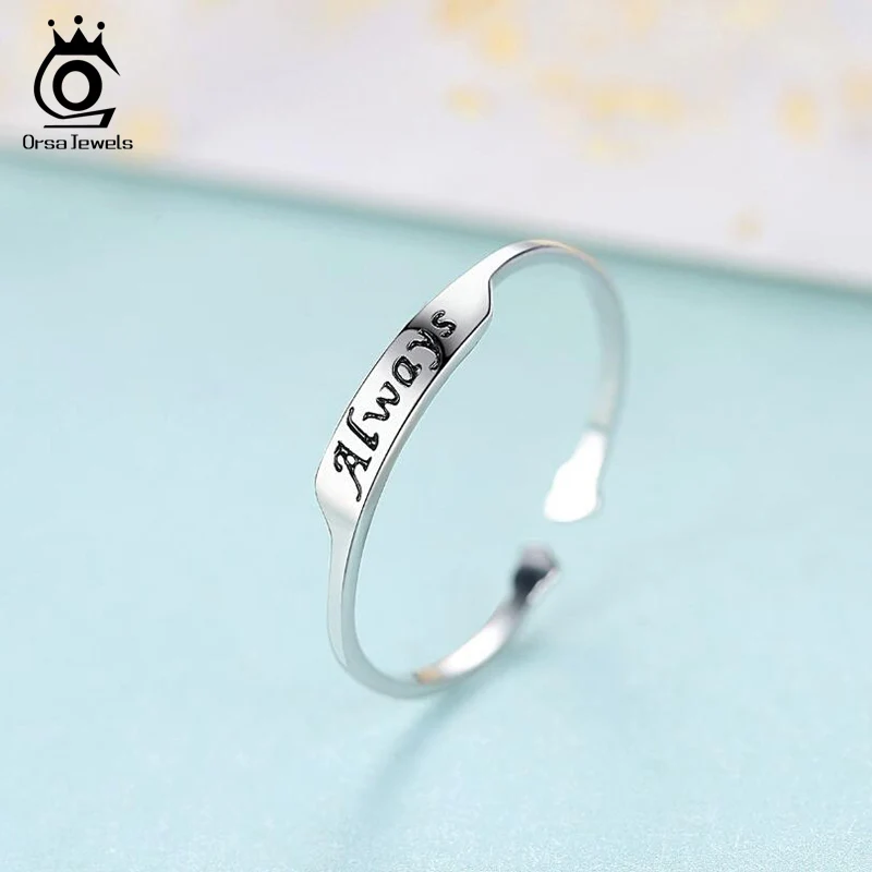 ORSA JEWELS Genuine 925 Sterling Silver Finger Ring Women Adjustable Heart Shape Letter Silver Color Female Party Jewelry PSR63