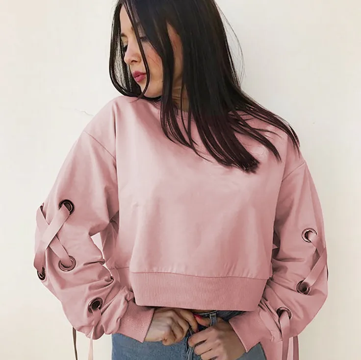 

Sport Hoodies Women Jogging Sweaters Funny Hoodies Round Neck Pullover Tops Female Bandage Sleeve Sportswear