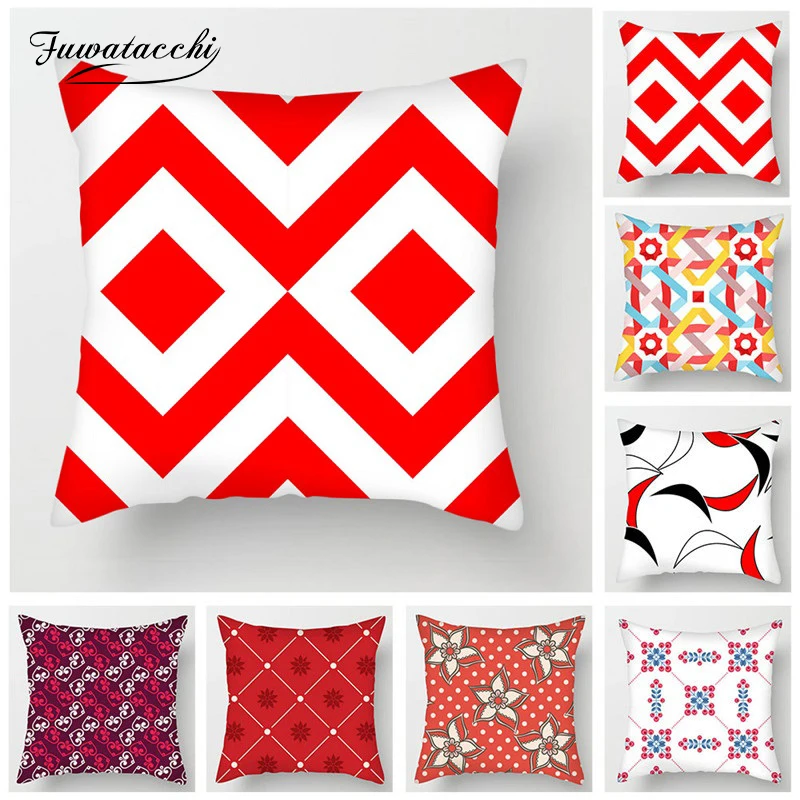 

Fuwatacchi Red Geometric Cushion Covers Stripe Heart Circle Dot Pillow Cover for Chair Sofa Decoration Wave Pillowcases 45*45cm