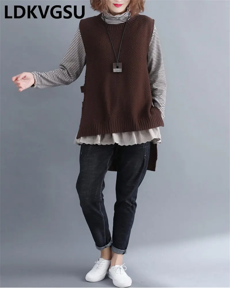 Женский весенне-осенний свитер большого размера, жилет, Вязанный жилет без рукавов, иностранный корейский Свободный Повседневный несимметричный вязаный жилет Is1619