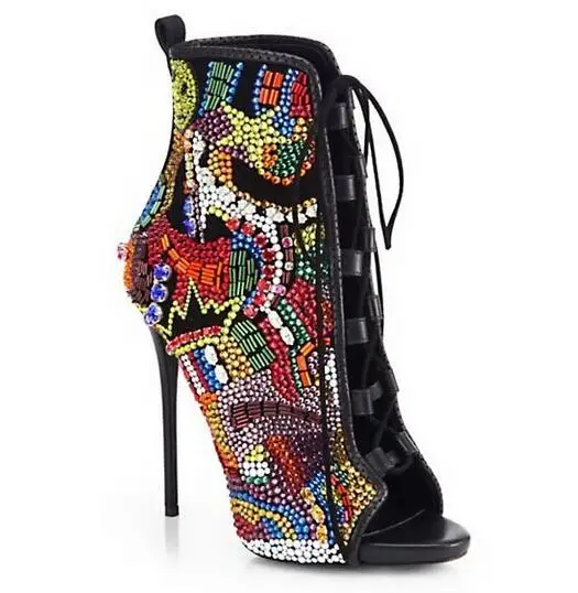 

2018 Summer Newest Arrival Fashion Colorful String Bead Bling Crystal Cross-Tied Black Leather Women Ankle Boots Real Photo