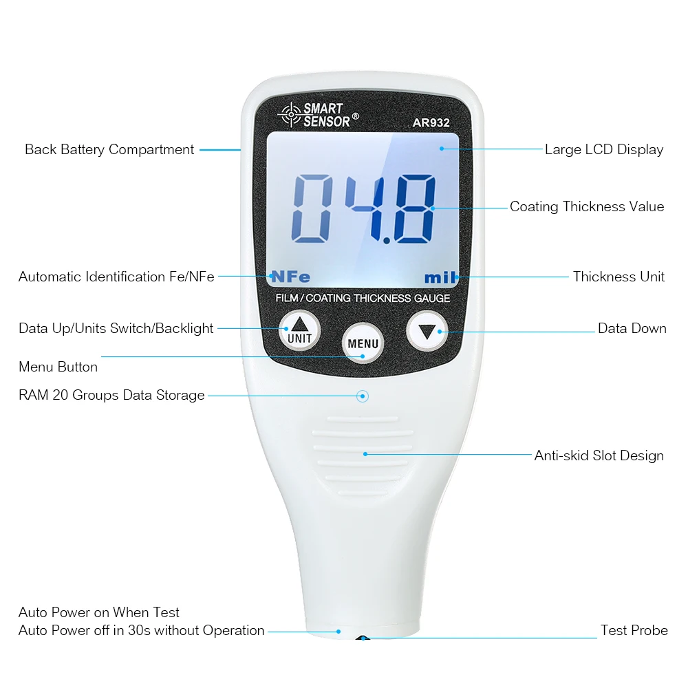 Умный датчик AR932 цифровой мини автомобильный толщиномер автомобильный тестер краски толщиномер покрытия