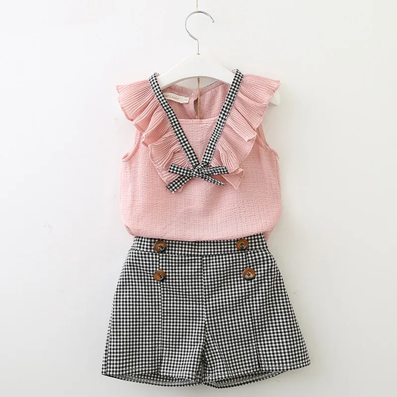 

2019 Summer Children's Clothing Korean Girls Chiffon Vest + Plaid Hot Pants Two-piece Suit 9062