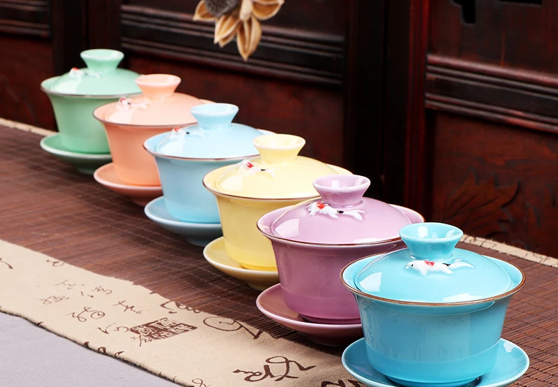 Китай Longquan цвет керамический гайвань чайный сервиз, мерная Золотая рыбка узор чайная чашка, фарфоровый чайник чайный набор для путешествий
