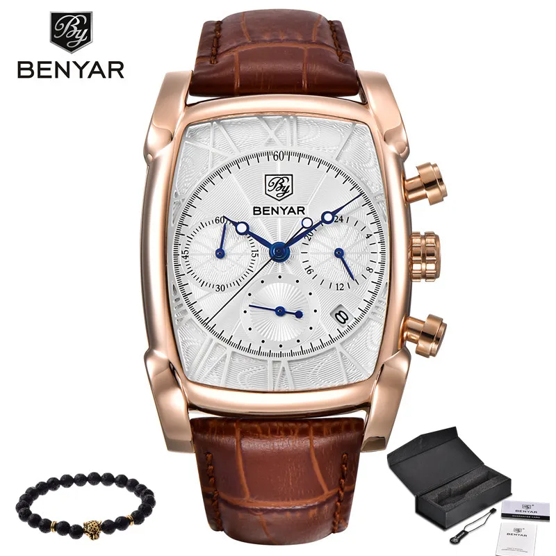 Relogio Masculino Mens Watches Top Brand Luxury BENYAR Men Military Sport Luminous Wristwatch Chronograph Leather Quartz