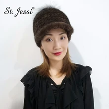 ST. Jessi зимние шапки для женщин Элегантные вязаные натуральный мех норки с цельным серебристым меховым помпоном Толстая теплая шапка Gorra Mujer