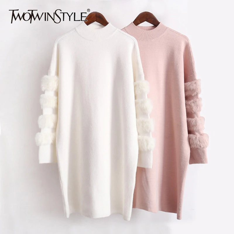 

TWOTWINSTYLE Faux Fur Sweater For Women Patchwork Stand Collar Solid Color Long Knitting Pullover Spring Fashion Sweet Clothing