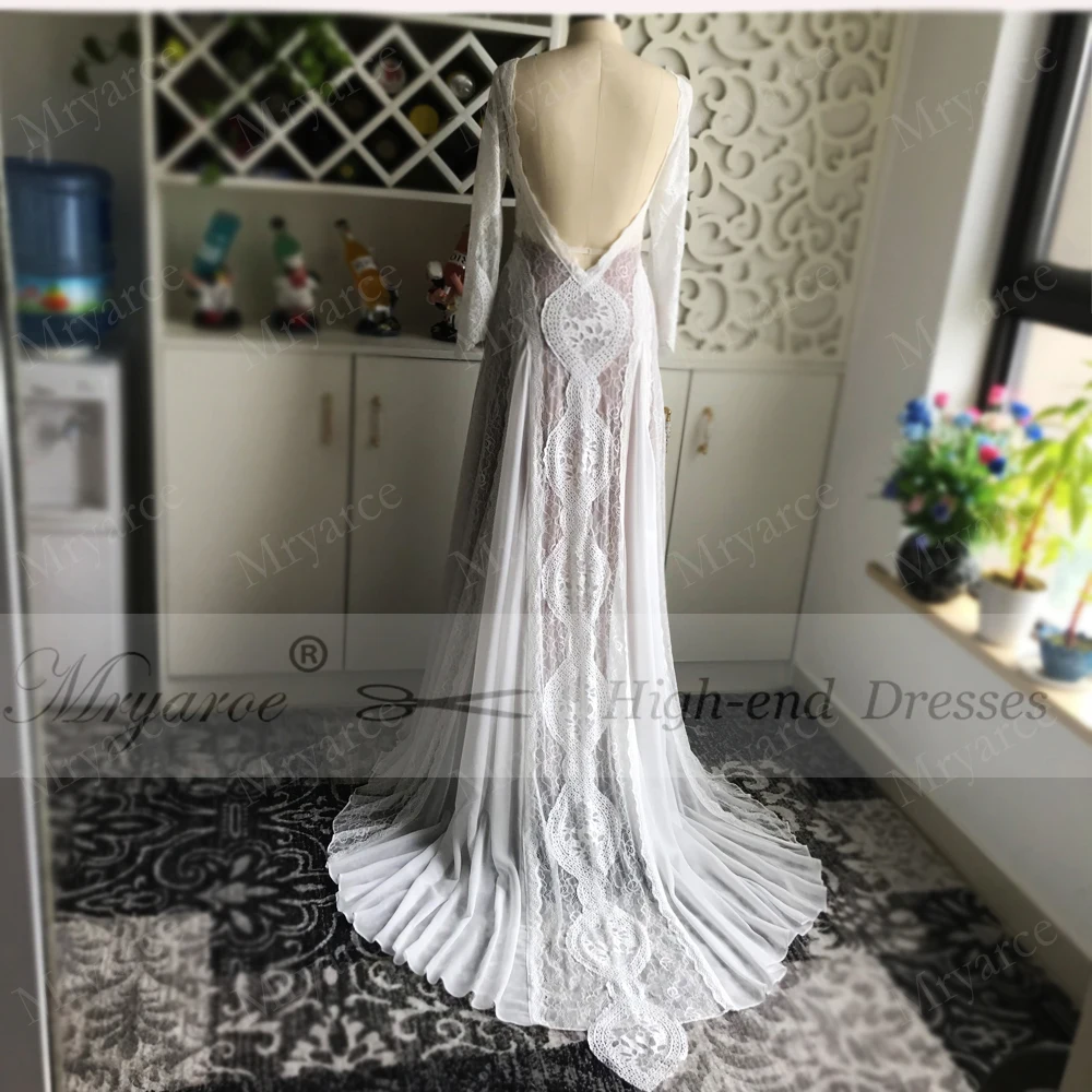 Mryarce Designer Lace Bohemian Wedding Dress Long Sleeve Open Back Boho Chic Chiffon Flowing Bridall Gowns  (5)