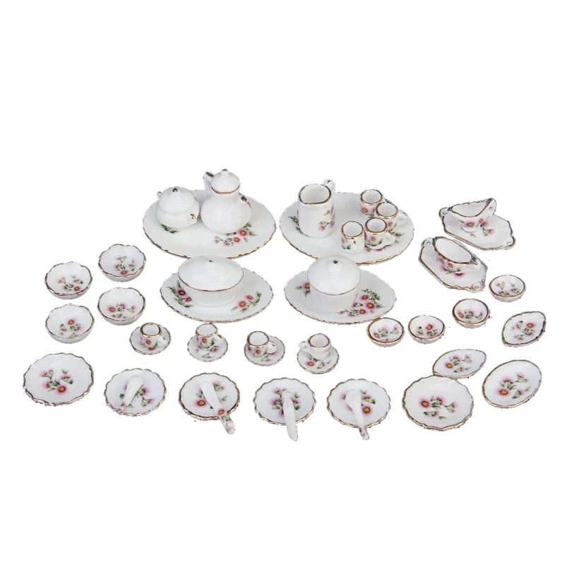 50 шт. миниатюрный кукольный домик Фарфоровая столовая посуда Чайный набор посуды Подставка под кружку розовые ромашки