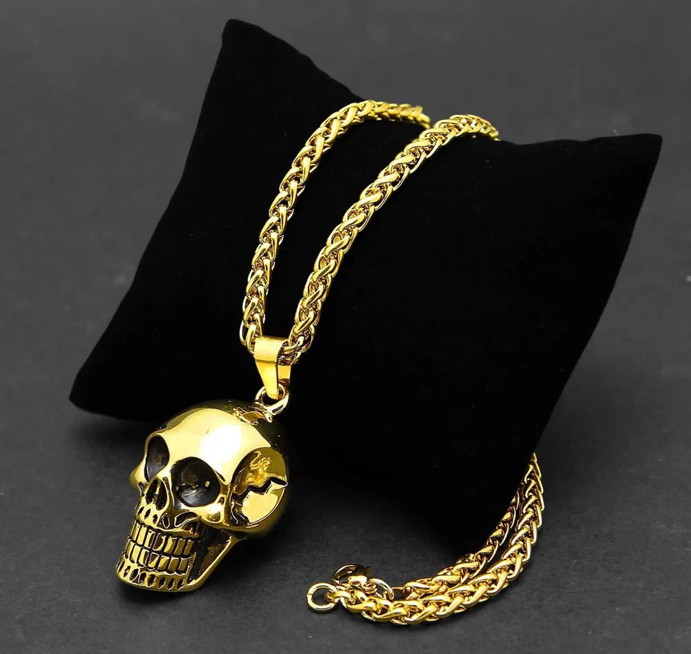 Men's Gold 316L Stainless Steel Skull Head Pendant Necklace Biker Punk