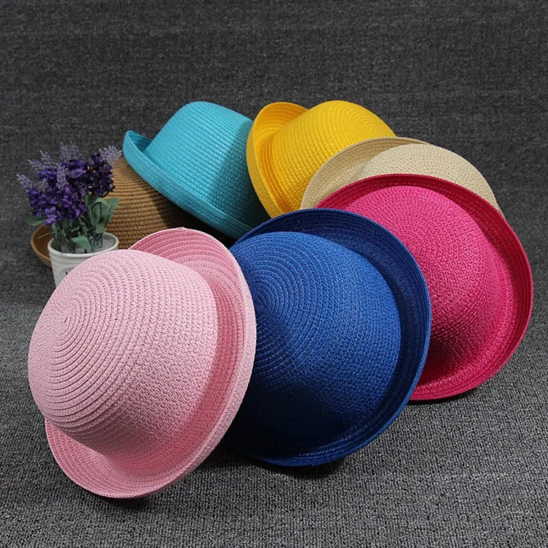 Summer Style Women Straw Bowler Derby Hat All Match Summer Roll Brim Family Hat Newin Sun Hats