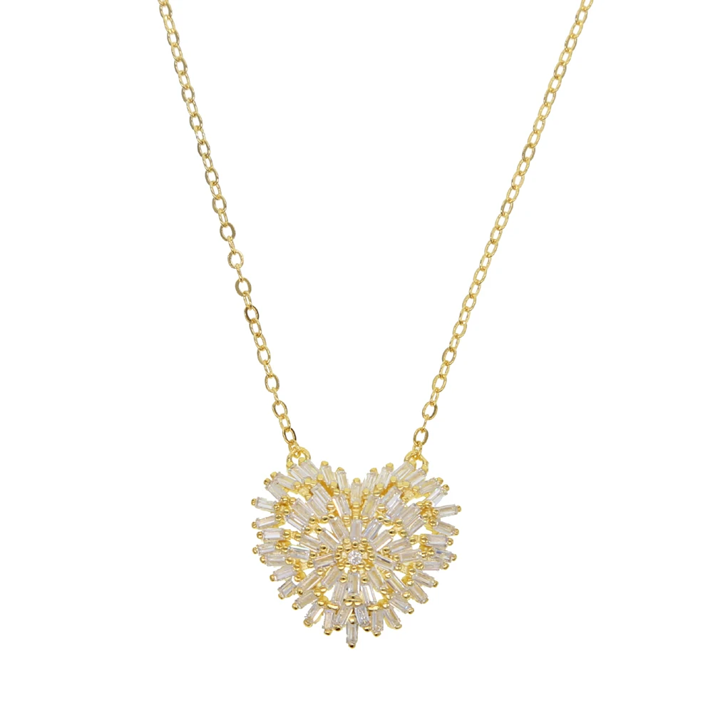 Gold silver 2 colors 41+5cm baguette firework cz sparking bling Heart pendant necklace for girlfriend - Image 3