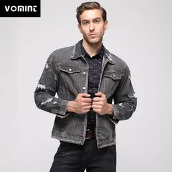 Vomint 2019 Новая мужская джинсовая куртка High street fashion Distressed Wash Sleeve отверстия черный деним однобортный куртки 4XL 5XL