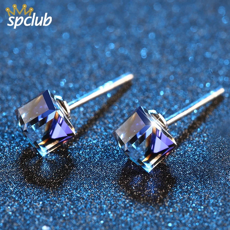

SPCLUB Original Crystal From SWAROVSKI Piercing Earrings For Women Charming Attractive Cube Stud Earring Jewelry Gift Wholesales