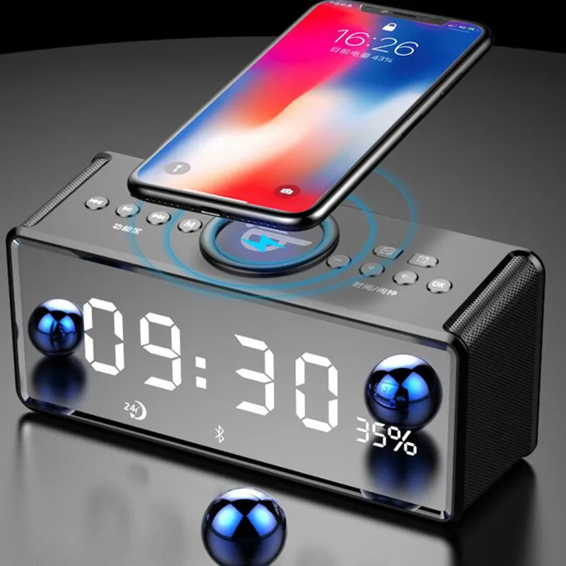 

RBAYSALE Speaker Charge Wireless Column Bluetooth Loudspeaker Alarm Clock Mirror Time Display AUX TF Card Music Player Desktop