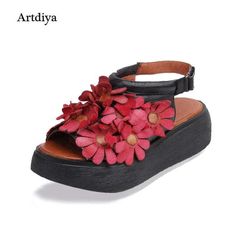 

Artdiya Handmade Flowers Cowhide Thick Sole Slope Women Sandals Platform Retro Sweet New Leather Shoes 220-7