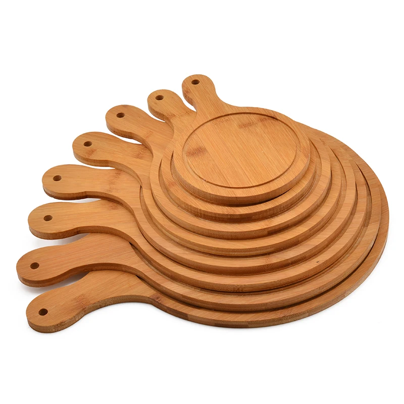 1Pc Bamboo Pizza Serving Tray Round Pizza Cutting Board with Handle Bread Fruits Platter Steak Sushi Tray Kitchen Baking Tools