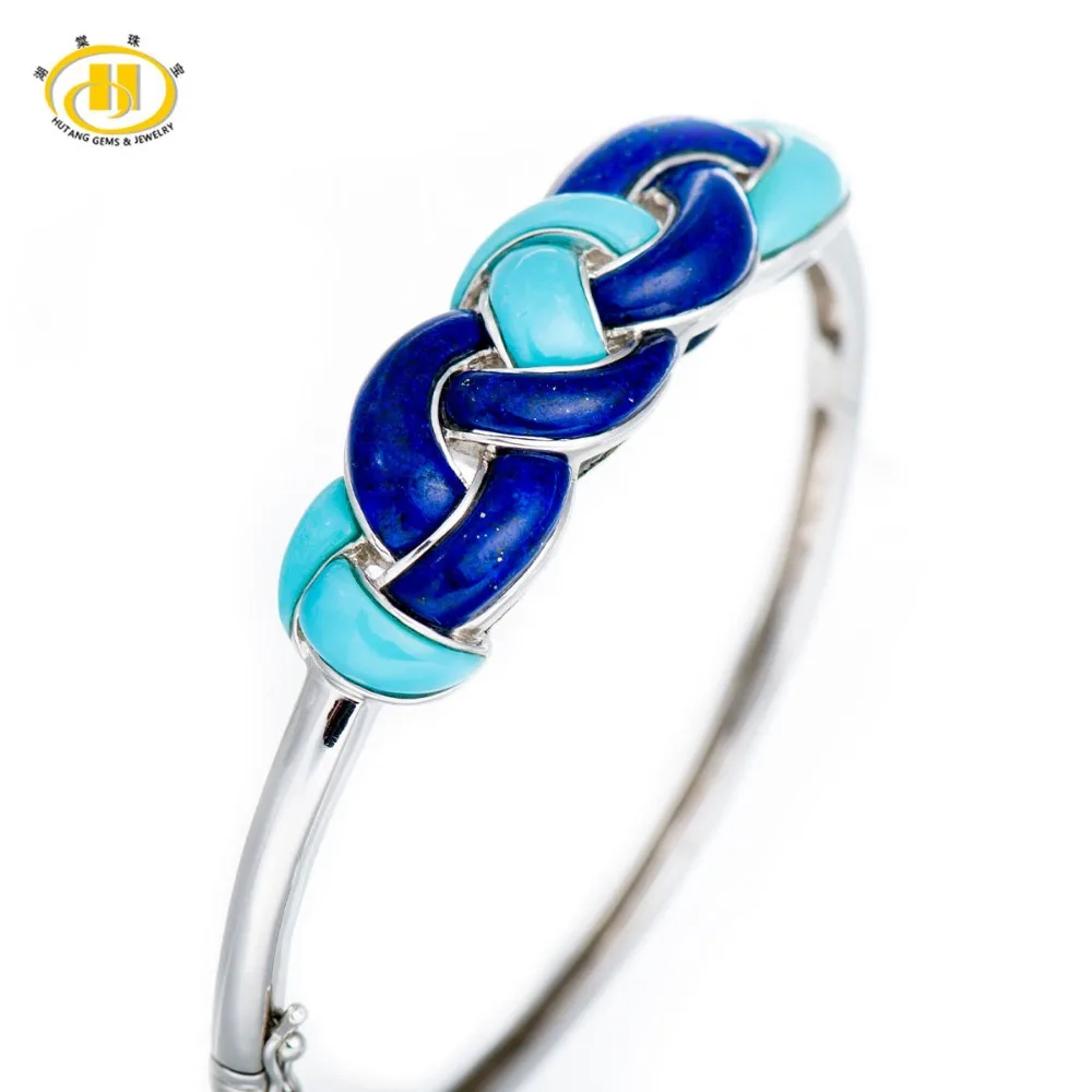 

Hutang Stone Jewelry Genuine Lapis Lazuli & Turquoise Solid 925 Sterling Silver Woven Bangle Bracelet Wholesale Jewelry 7 1/4