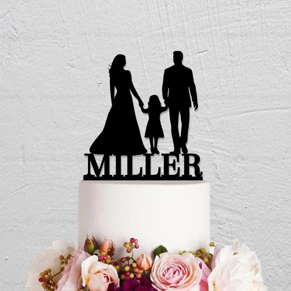 Personalized name Family Wedding Cake Topper,Couple With Child Silhouette Cake Topper,Bride and Groom Wedding Rustic Cake Topper