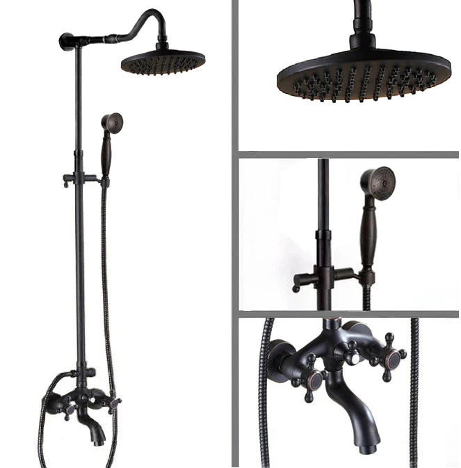 

Black Oil Rubbed Bronze Wall Mounted Bathroom Rain Shower Faucet Set Dual Cross Handle Bathtub Mixer Tap + Hand Shower Crs755
