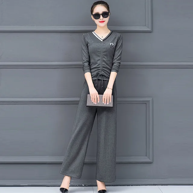 2018 New Autumn Winter Fashion Elegant Knitted Pant Suit 2 Piece Set ...