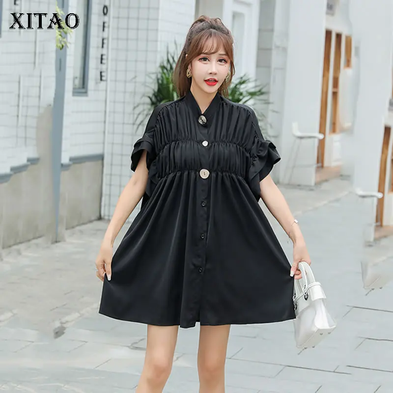 

XITAO Pleated Chiffon Minority Mini Dress Summer Clothes for Women Plus Size Dress Stand Collar 2019 New Casual Loose WBB4386