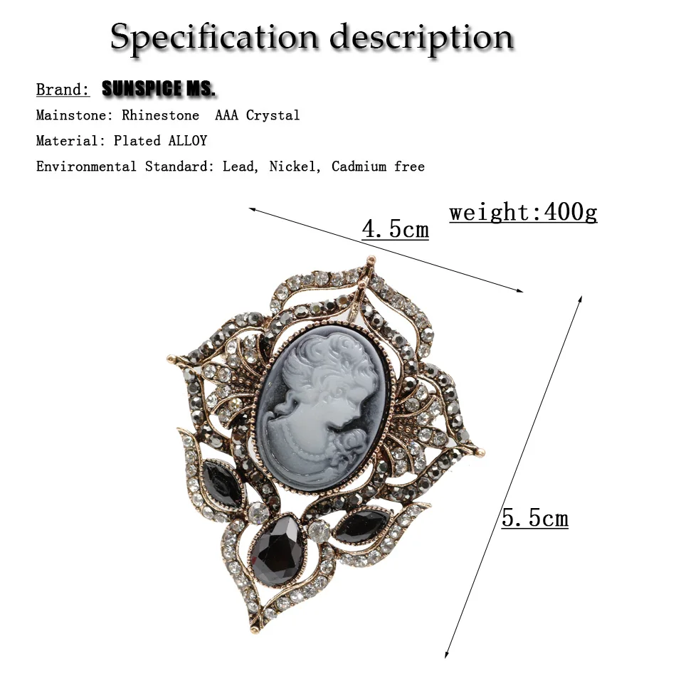 SUNSPICE MS капли воды винтажный Готический стиль Голова Статуя Камея Брошь горный хрусталь эмаль женские брошки античный золотой цвет ювелирные изделия
