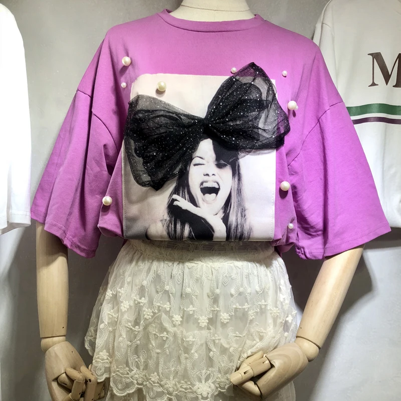 

2019 Summer Fashion Women Casual All-match Mesh Bow Bead Sleeves T-Shirt Girls Student Pullover Tee Tops A132