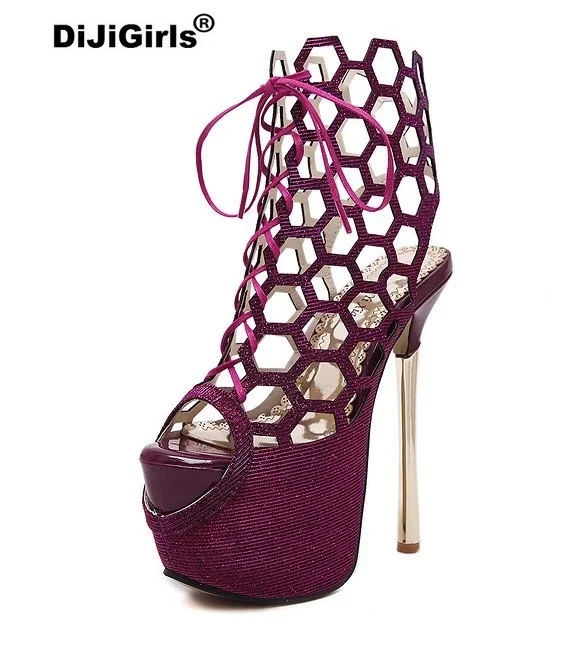

Fashion Sandals 2016 New Summer Fashion Purple Black Cut Out Platform 16CM High Heels Women's Sandals Large Size 34--40