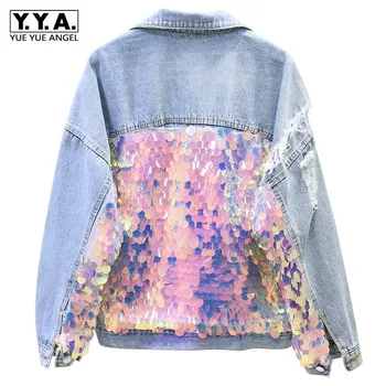 

Boyfriend Style Women Loose Batwing Sleeve Casual Streetwear Jacket Bling Sequined Hip Hop Denim Jacket Ripped Student Girl Coat
