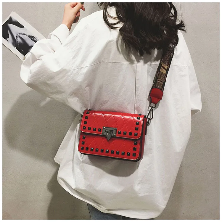 Women's Fashion Rivets Crossbody bag Luxury Brand PU leather Shoulder Bags Female Red Punk Style Wide Strap Street Handbag Purse (31)