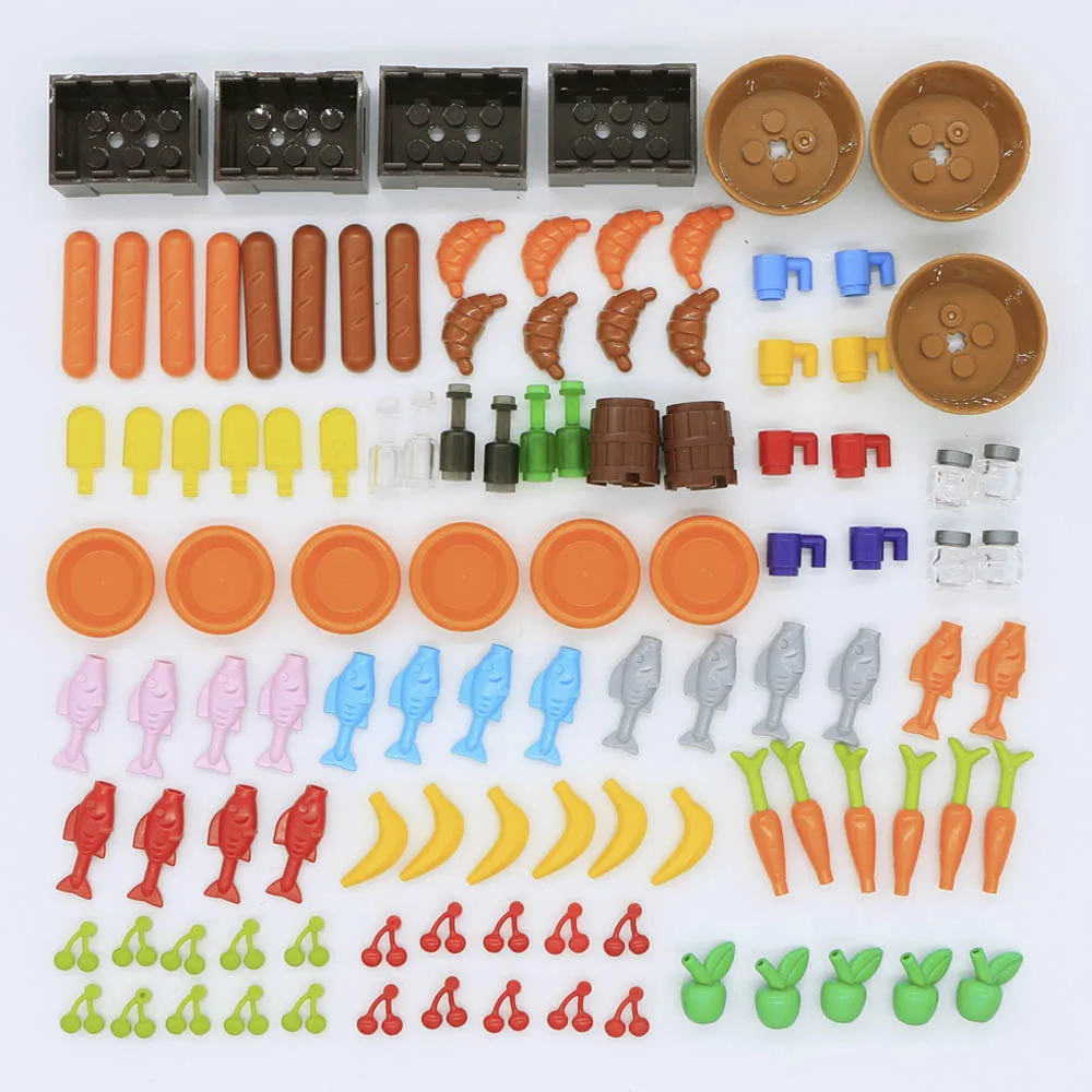 Legoed Food Accessories Friends MOC Building Blocks 110pcs Drinks Fruit Vegetable Bread Fish Bottle City Brick Toys For Children (7)
