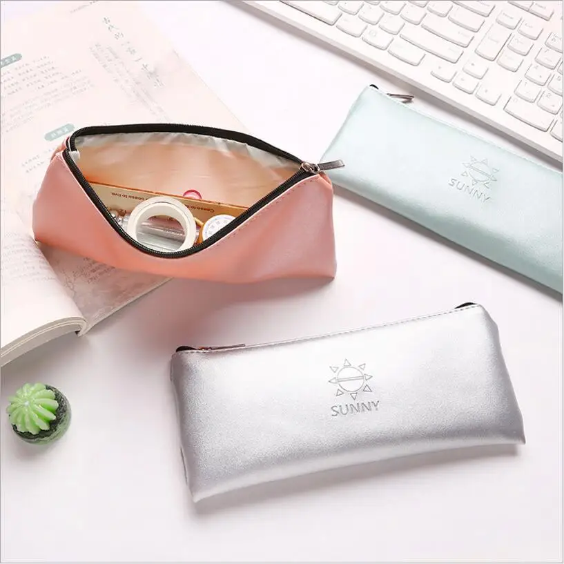 

Korean creative minimalist girls PU Leather fresh and lovely big capacity pencil bag student stationery school Office Supplies