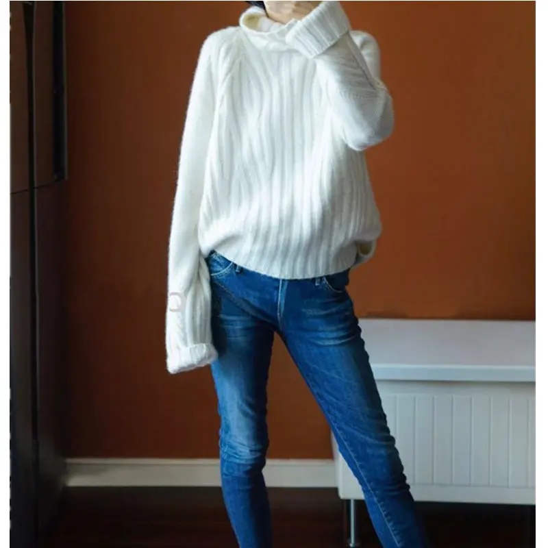 Winter Lazy Loose Knit Women Cashmere Sweater High Collar Solid Color Warm Wool Sweater Thick Pullover High-end Retro Sweaters