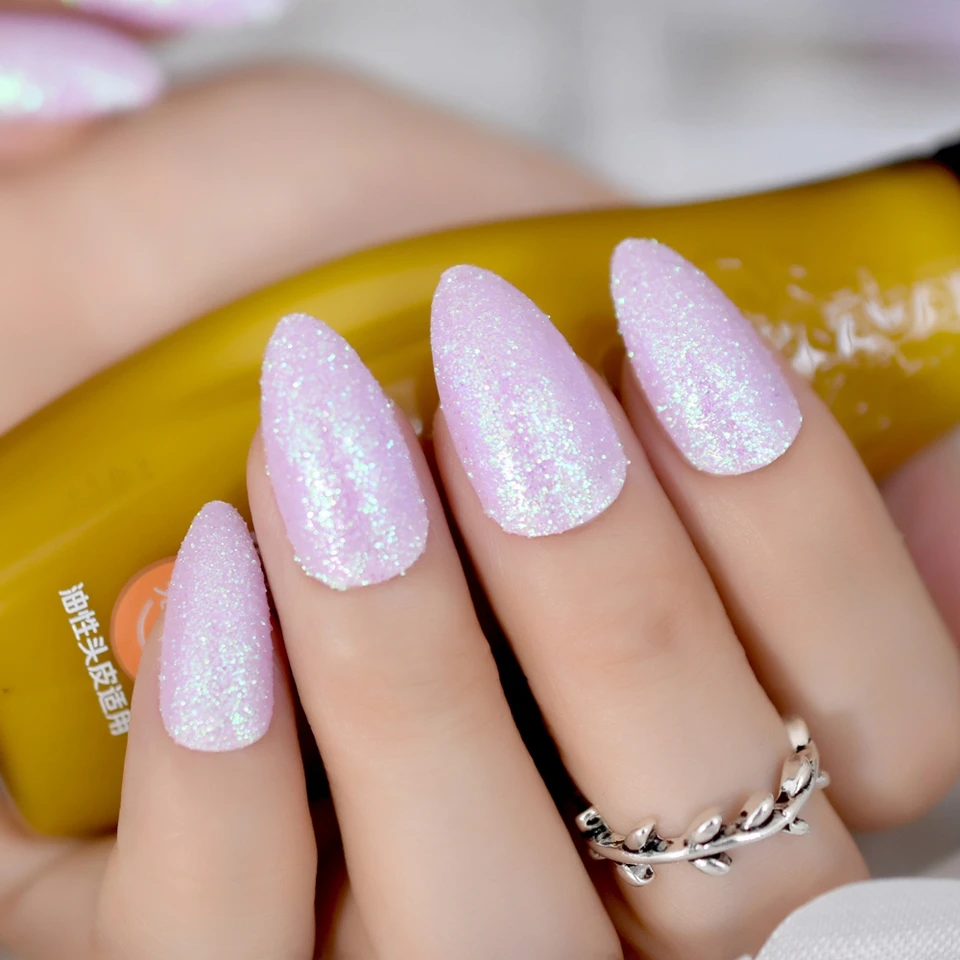 Pack 24 Almond Chrome Glitter Nails Light Purple Stiletto Bling
