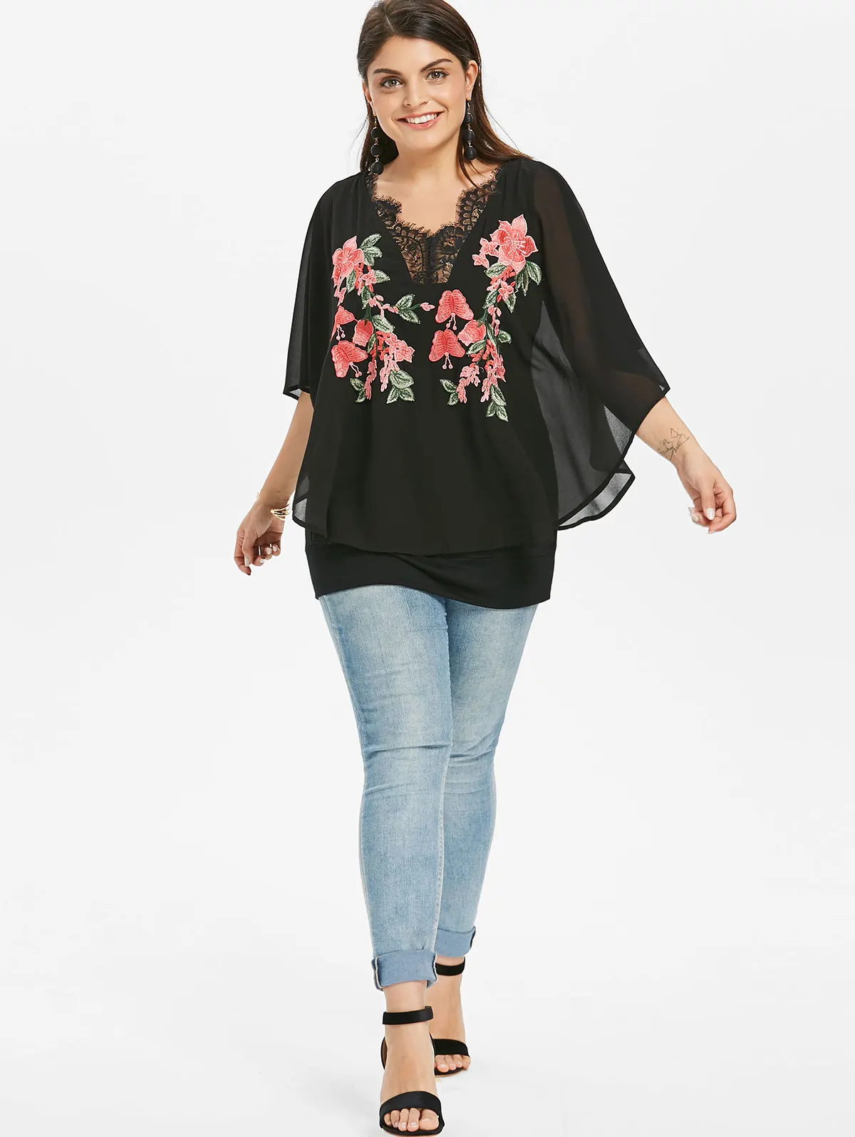 Wipalo Plus Size 5XL Embroidery V Neck Overlay Cape Blouse Women Summer Chiffon 3/4 Sleeve Ladies Tops Casual Clothing|Блузки| |