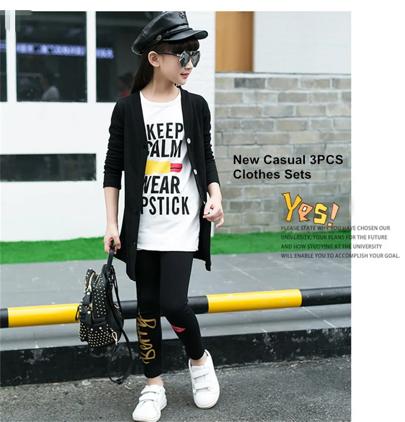 Girls Letters Cartoon Print 3 Pieces Set Children's Sports Suit14