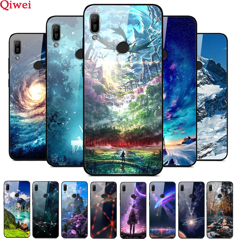 Чехол для Huawei Y6 2019 Твердый чехол со стеклом с мягким закаленным Бампером MRD-LX1 Y 6 pro