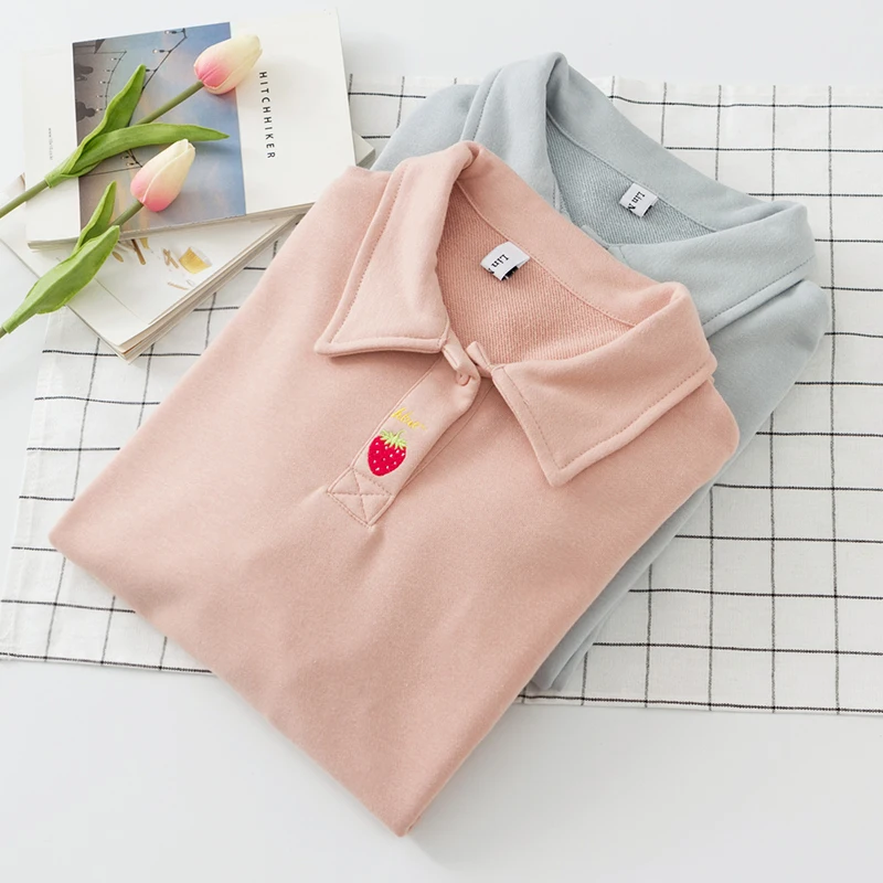 

New Autumn Hoodies Cotton Sweet Embroidery Letter Pink Hoodies Loose Long Sleeve Pullover Harajuku Strawberry Hoodies Female