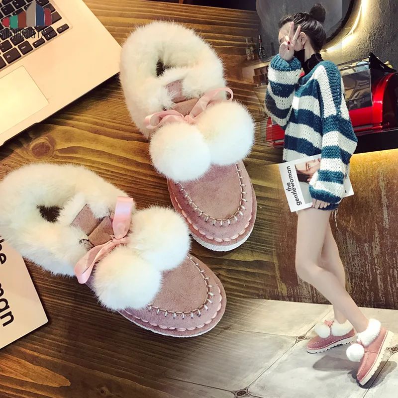 

YIBING1517 Women's snow boots plus velvet cute warm hair ball snow boots women's belt round head cotton shoes