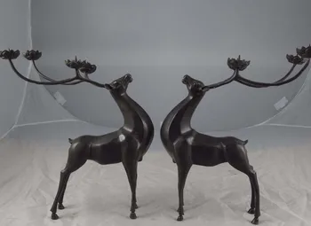 

China Buddhism Temple Old Pure Copper Bronze Lucky Deer Candlestick holder Pair