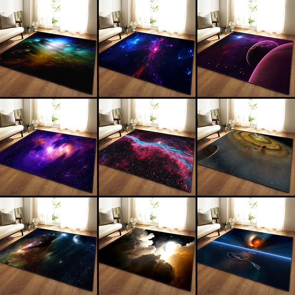 Universe Planet Nebula Living Room Area Rug Galaxy Space 3D Carpet Boys Bedroom Rug Kids Play Mats Flannel Absorbent Kitchen Mat