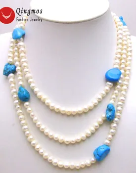 

Qingmos Natural Freshwater White Pearl Necklace for Women with 6mm Round Pearl 60" Long Necklace & Baroque Blue Turquoises Stone