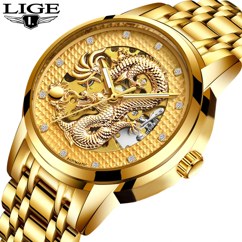 

LIGE Automatic Mechanical Gold Dragon Watch men Chinese Style Watches Mens Stainless Steel Waterproof Watch Relogio Masculino
