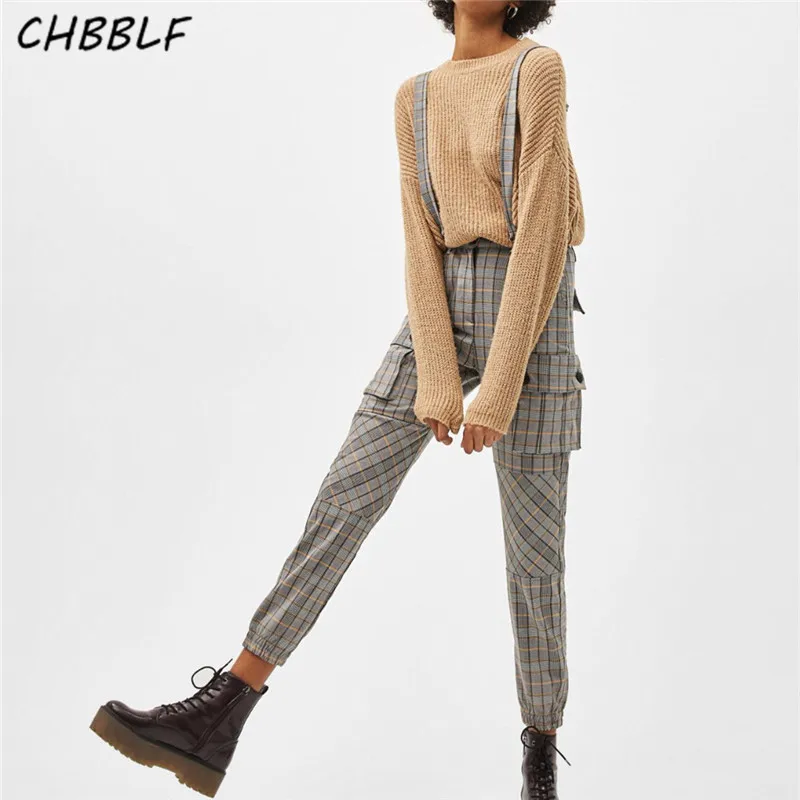 

CHBBLF women casual plaid overalls pants with pockets female full length suspender trousers pantalones mujer NJN1306